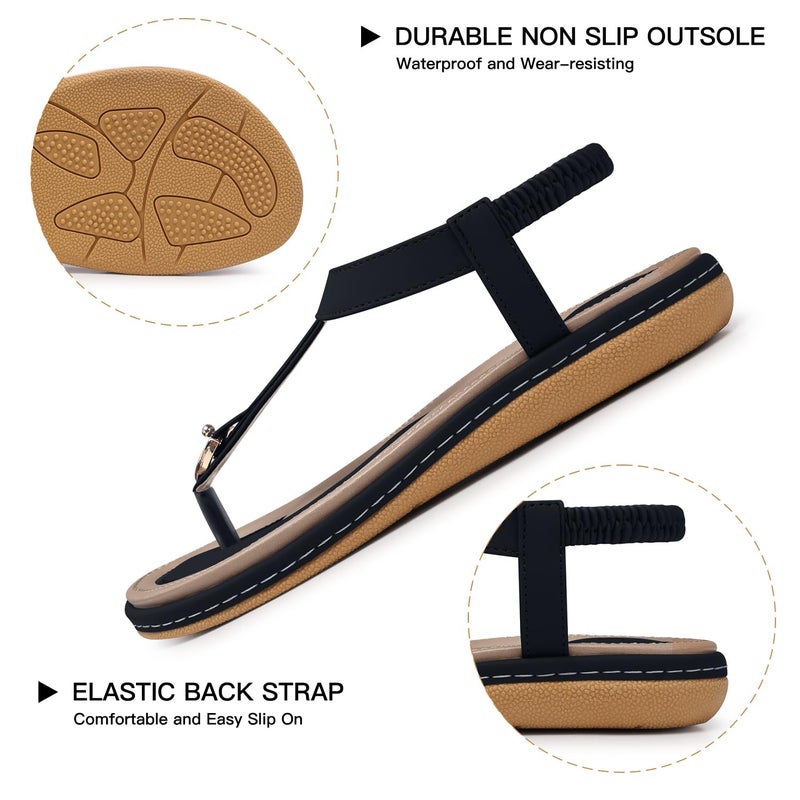 SHIBEVER Womens Sandals Summer Flat: Dressy Casual T-Strap Flip Flop Thong Flat Sandals - Black Size 8 Comfortable Walking - Image 3